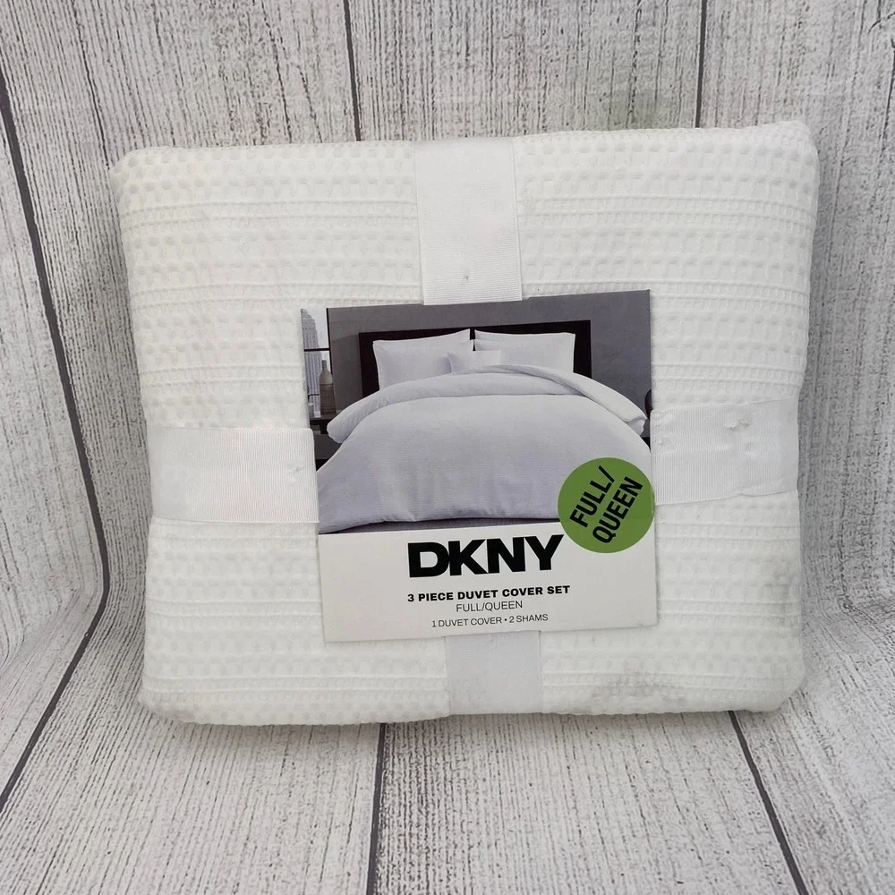DKNY Duvet Cover Set Full/Queen White Mixed Waffle Textured Modern Bedding
